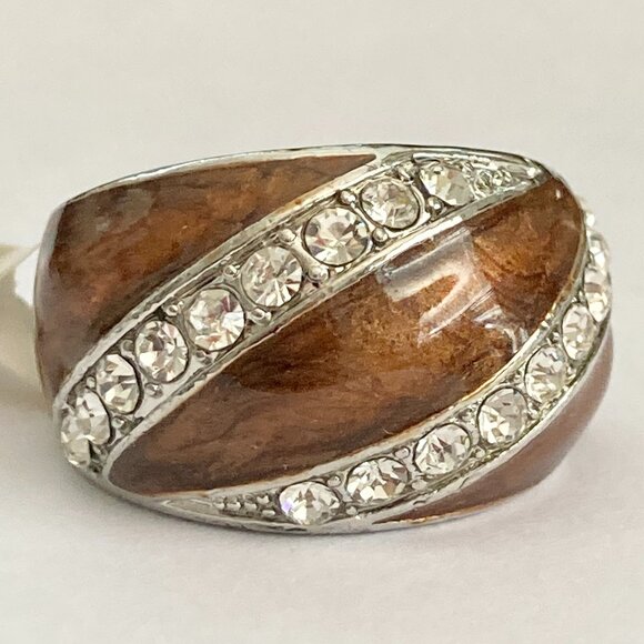 Vintage Brown Enamel Cocktail Ring Silver Plated Crystal Rhinestone Sz 7 9 Boho - Picture 3 of 8